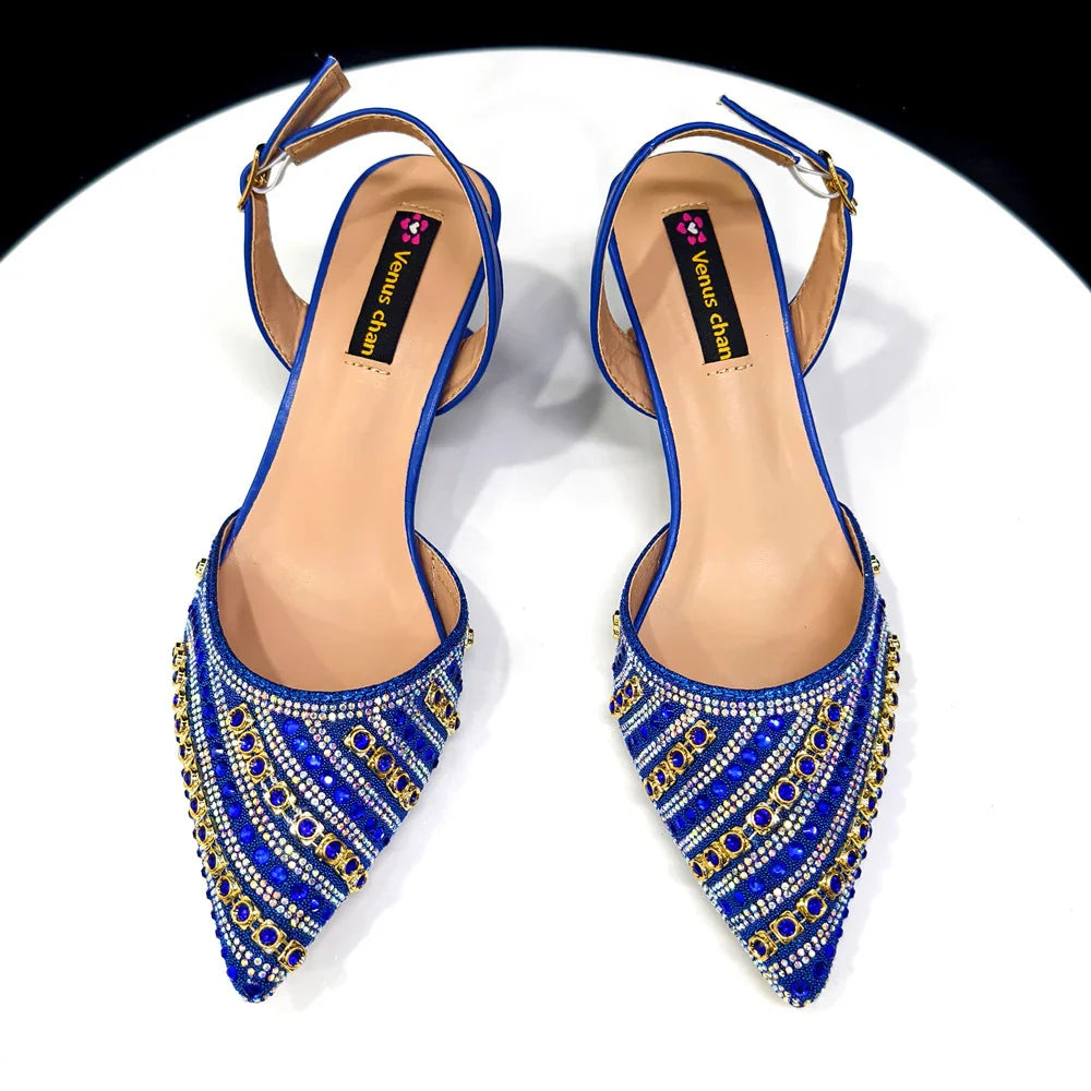 Glamorous handbag set to complement elegant rhinestone heels for women, ideal for upscale events.