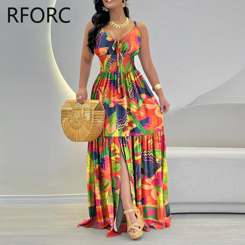 Elegant women's floral print spaghetti strap maxi dress with ruffle hem, ideal for casual beach outings, showcasing a regular fit and luxurious cotton blend fabric.