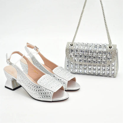 Full view of an elegant women's Italian shoe and bag set featuring high heel pumps and a chic handbag, perfect for weddings and parties.