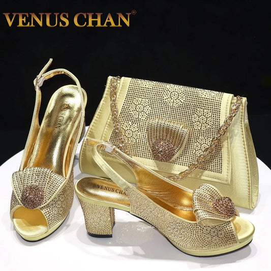 Venus Chan Italian Design Women's Golden Wedding Pumps with Full Diamond Bling, showcasing elegant high spike heels and luxurious detail.