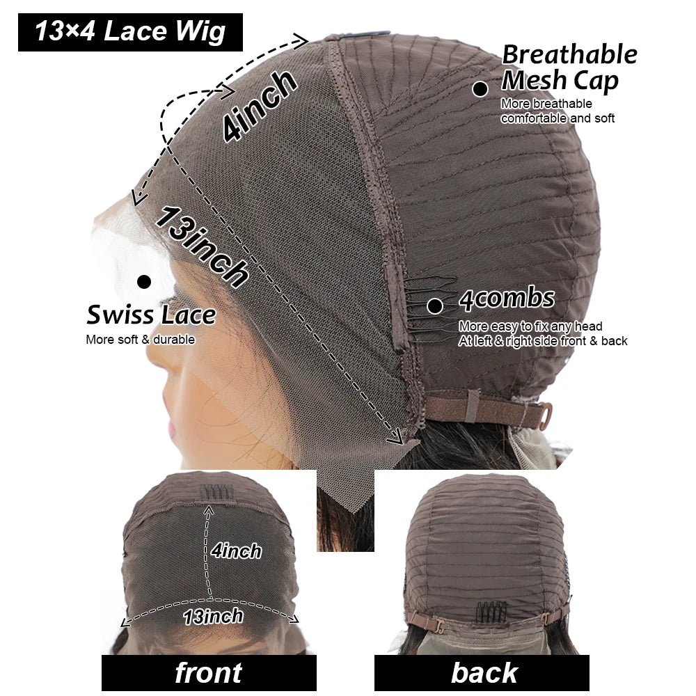 Stylish and versatile human hair wig modeled by a woman, illustrating the perfect fit and comfort of the average cap size.