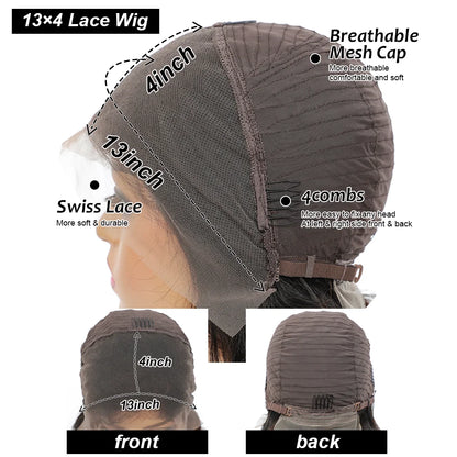 Stylish and versatile human hair wig modeled by a woman, illustrating the perfect fit and comfort of the average cap size.