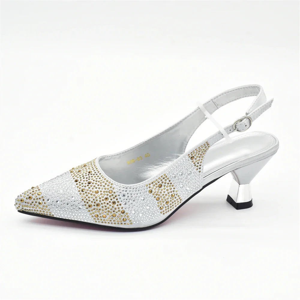 Close-up of luxurious crystal detailing on women's slingback pumps, exemplifying high-fashion aesthetics and craftsmanship.