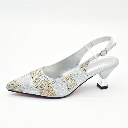 Close-up of luxurious crystal detailing on women's slingback pumps, exemplifying high-fashion aesthetics and craftsmanship.