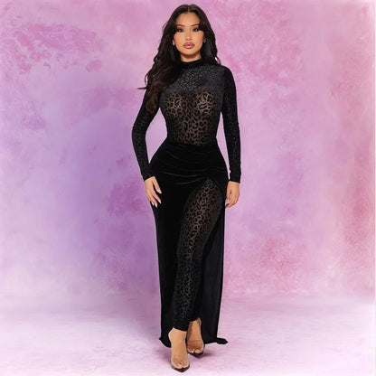 Luxurious CM.YAYA women's leopard velvet long sleeve jumpsuit and long skirt set, elegantly designed for spring party wear, highlighting a chic animal print with a sophisticated silhouette.