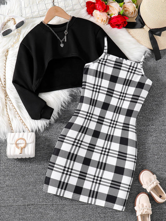 Sophisticated girls' casual 2-piece set featuring a round neck long sleeve top and a stylish sleeveless plaid dress, ideal for spring and autumn seasons.