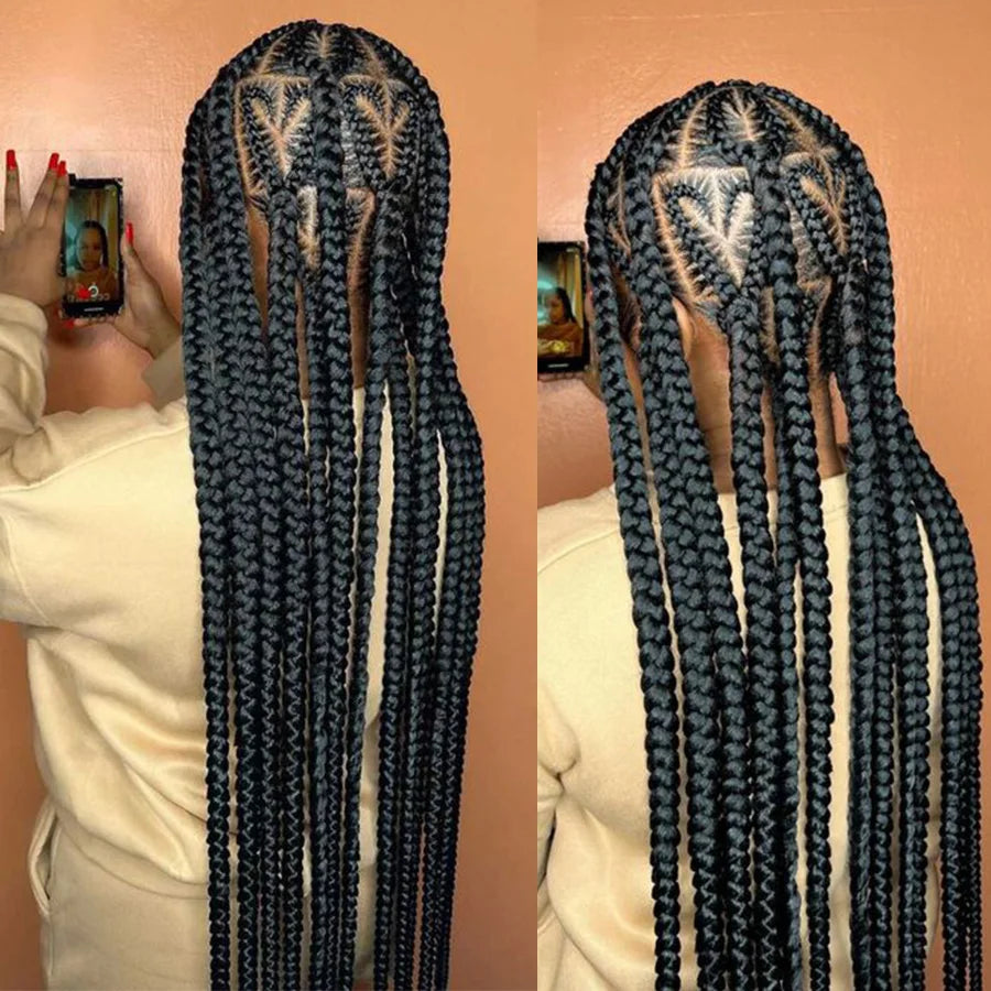 Elegant display of the transparent lace on the luxury box braids wig, ideal for a natural look and comfortable wear.