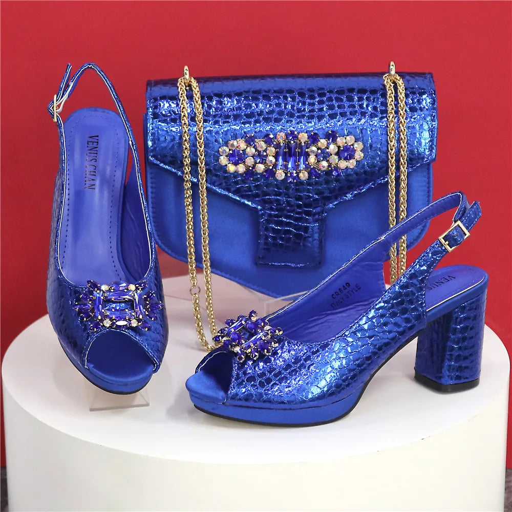 Elegant women's open toe heels in luxury coffee gold with rhinestone detailing, paired with a chic matching bag set for formal occasions.