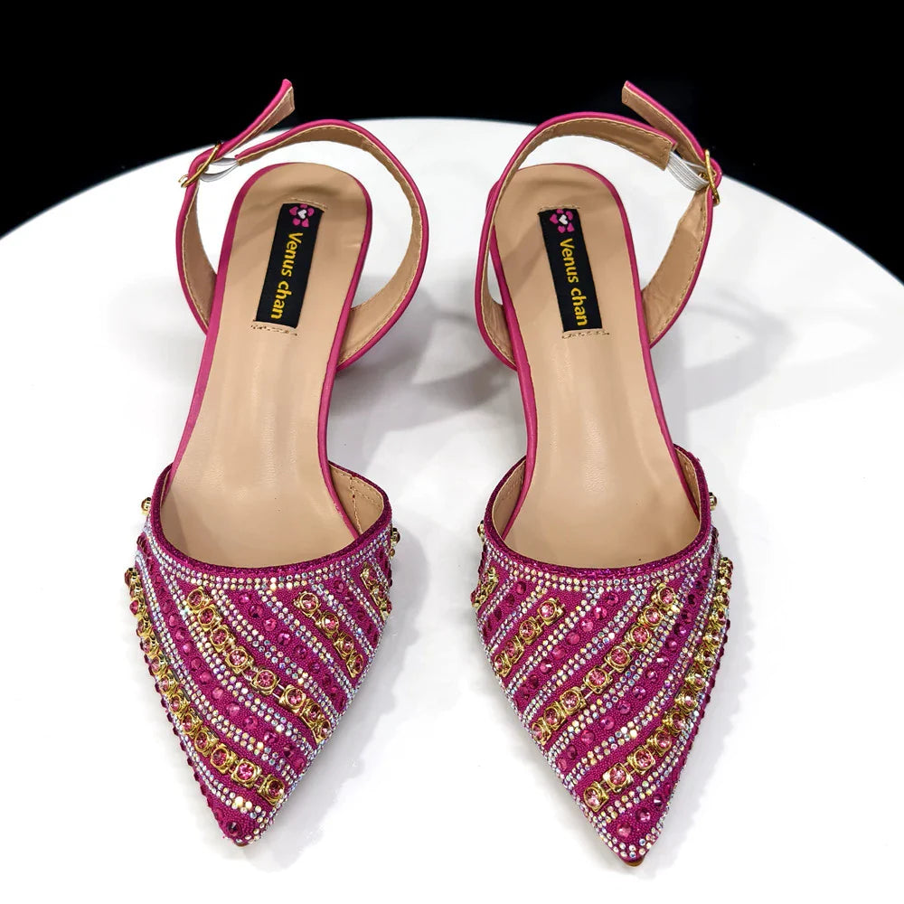 Stylish women's slingback pumps in an Italian design with high stiletto heels, embellished with bling, suited for glamorous summer outings.
