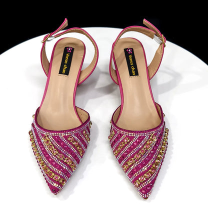 Stylish women's slingback pumps in an Italian design with high stiletto heels, embellished with bling, suited for glamorous summer outings.