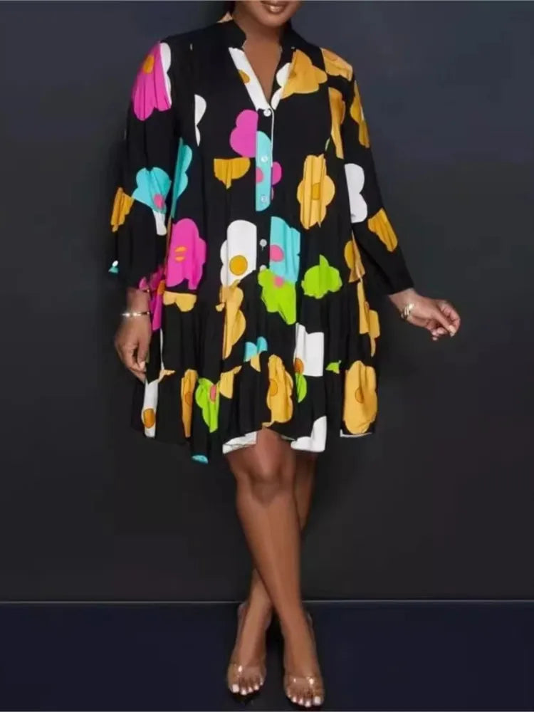 Chic knee-length autumn jumpsuit for women, designed with a flattering V-neck and decorative buttons.