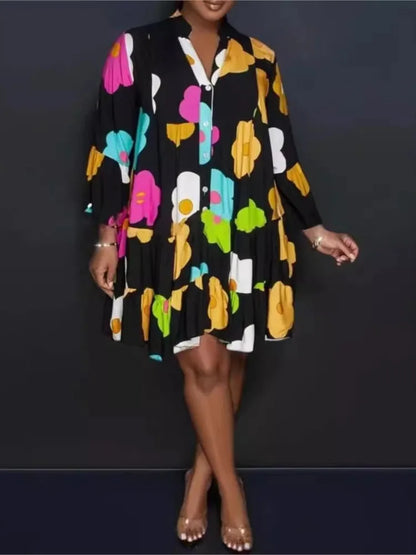 Chic knee-length autumn jumpsuit for women, designed with a flattering V-neck and decorative buttons.