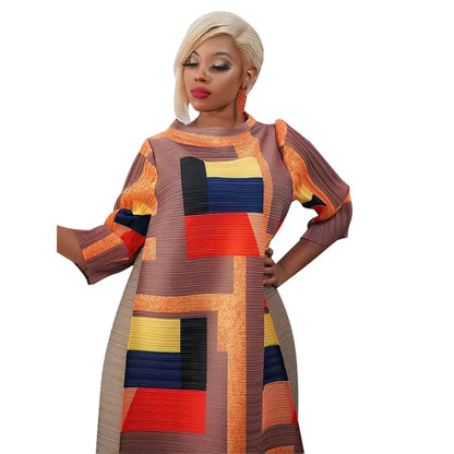 Luxurious plus size O-neck pleated long dress featuring elegant 3/4 sleeves, perfect for sophisticated occasions, adorned with vibrant African Dashiki patterns for women.