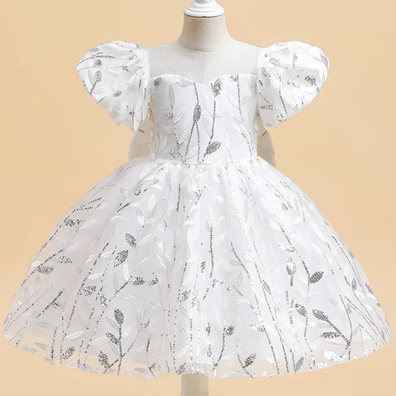 Elegant Girls' Princess Party Summer Dress featuring puff sleeves and a charming back bow design, perfect for weddings and birthday celebrations, ages 2-12.
