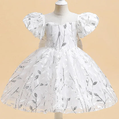 Elegant Girls' Princess Party Summer Dress featuring puff sleeves and a charming back bow design, perfect for weddings and birthday celebrations, ages 2-12.