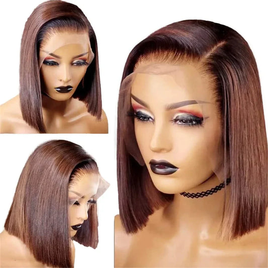 Luxury Chocolate Brown 12A Double Drawn Bob Wig, 10-16 inch human hair, 210% density, featuring a 13x4 lace front for a flawless, natural look.