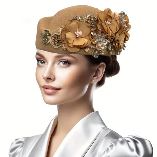 Elegant vintage floral felt turban hat for women, perfect for church and derby events, showcasing a luxurious floral pattern in a soft, stylish design.