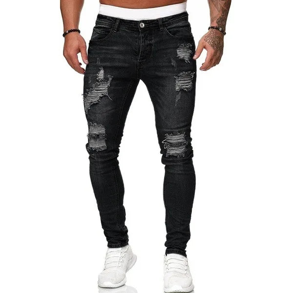 Fashionable luxury men's jeans with a solid pattern, designed with a flattering fit and fake zipper decorations for a unique look.