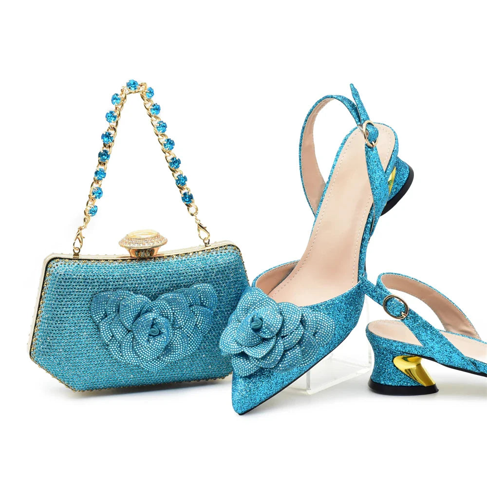 Formal ladies' slingback pumps and matching handbag set in rich sky blue, designed for special occasions.