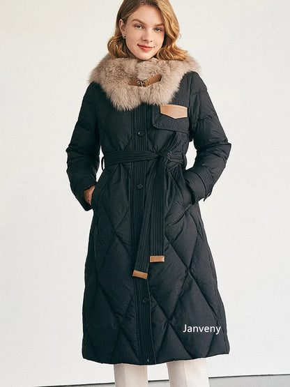 Luxury women's long duck down jacket featuring a detachable real fox fur collar, designed for warmth and stylish winter wear.