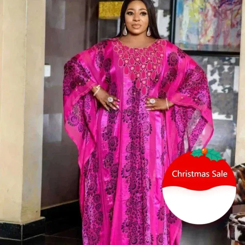 Elegant African Maxi Dress for Women showcasing luxurious polyester fabric with long sleeves and traditional dashiki style.