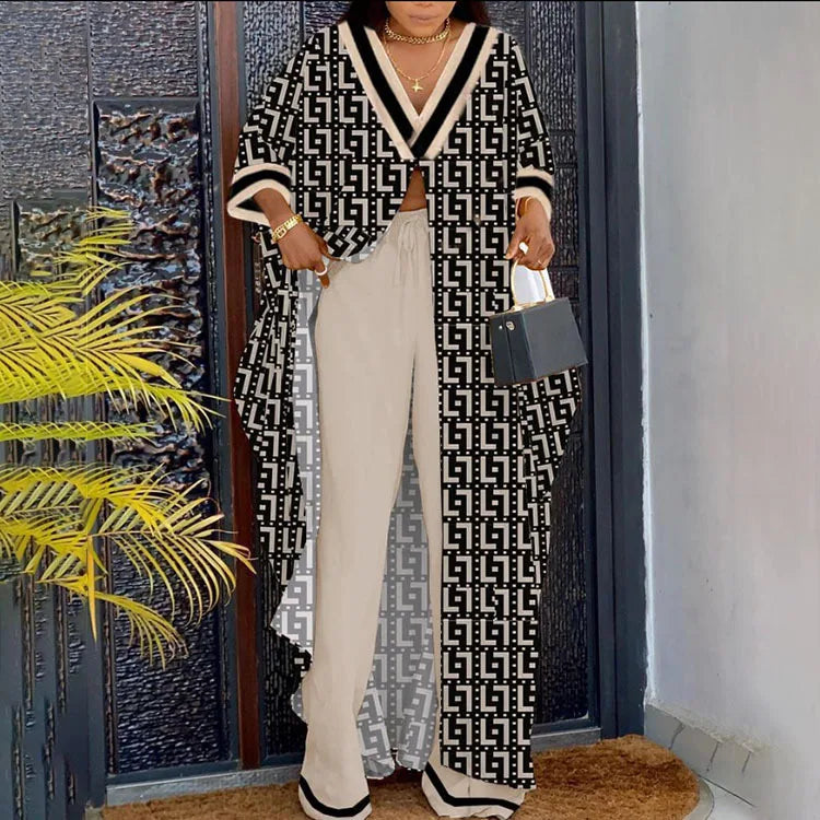 Trendy V-Neck long sleeve top paired with wide leg pants, ideal for women seeking luxurious casual style.