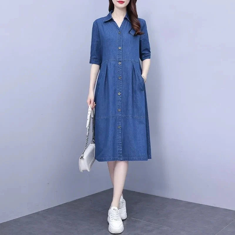 Oversized 5XL casual short sleeve denim dress with pockets, featuring a square collar and knee-length A-line silhouette, perfect for summer elegance.