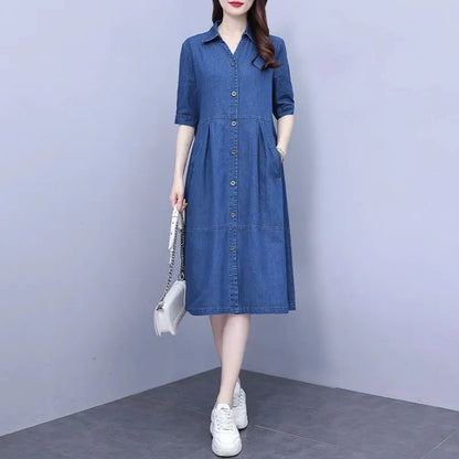 Oversized 5XL casual short sleeve denim dress with pockets, featuring a square collar and knee-length A-line silhouette, perfect for summer elegance.
