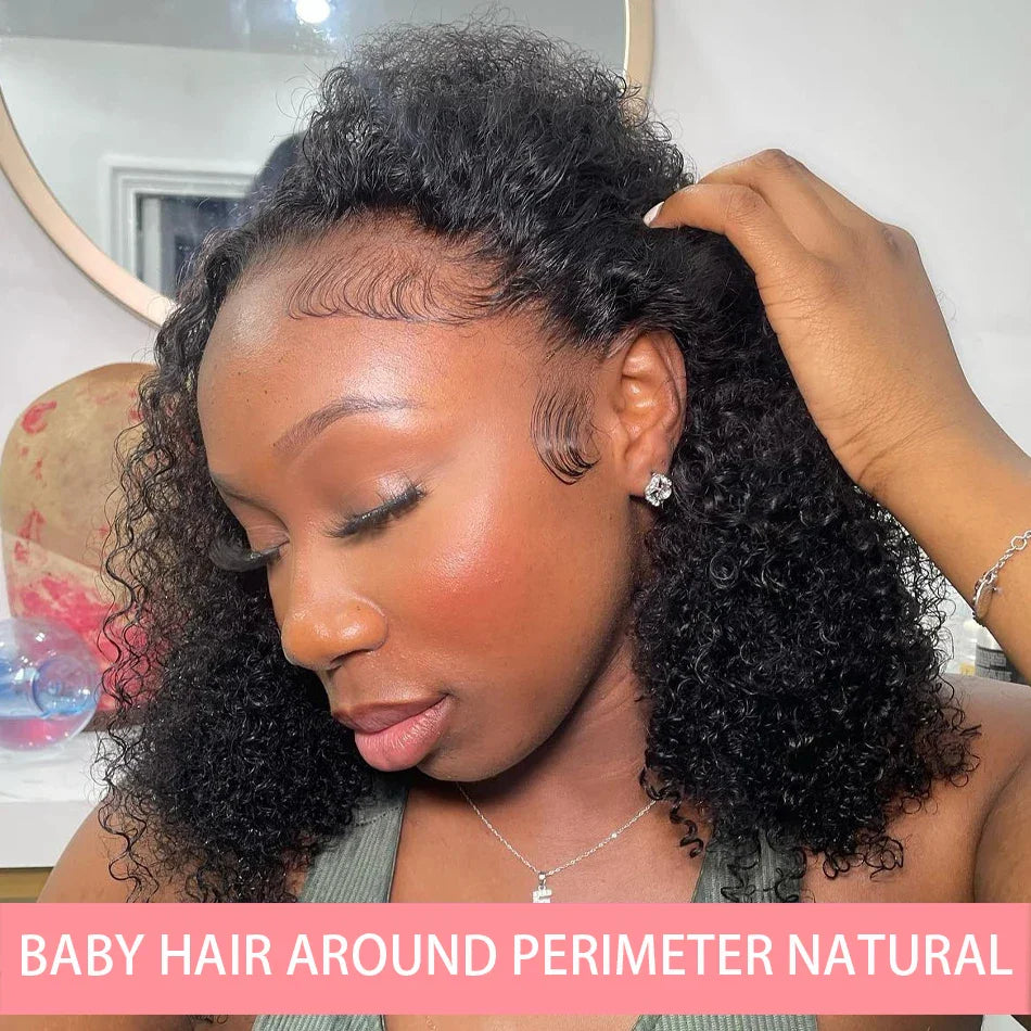 Close-up of the 14 Inch Short Curly Bob Wig showcasing its exquisite Deep Wave texture and soft Brazilian Remy Hair finish.