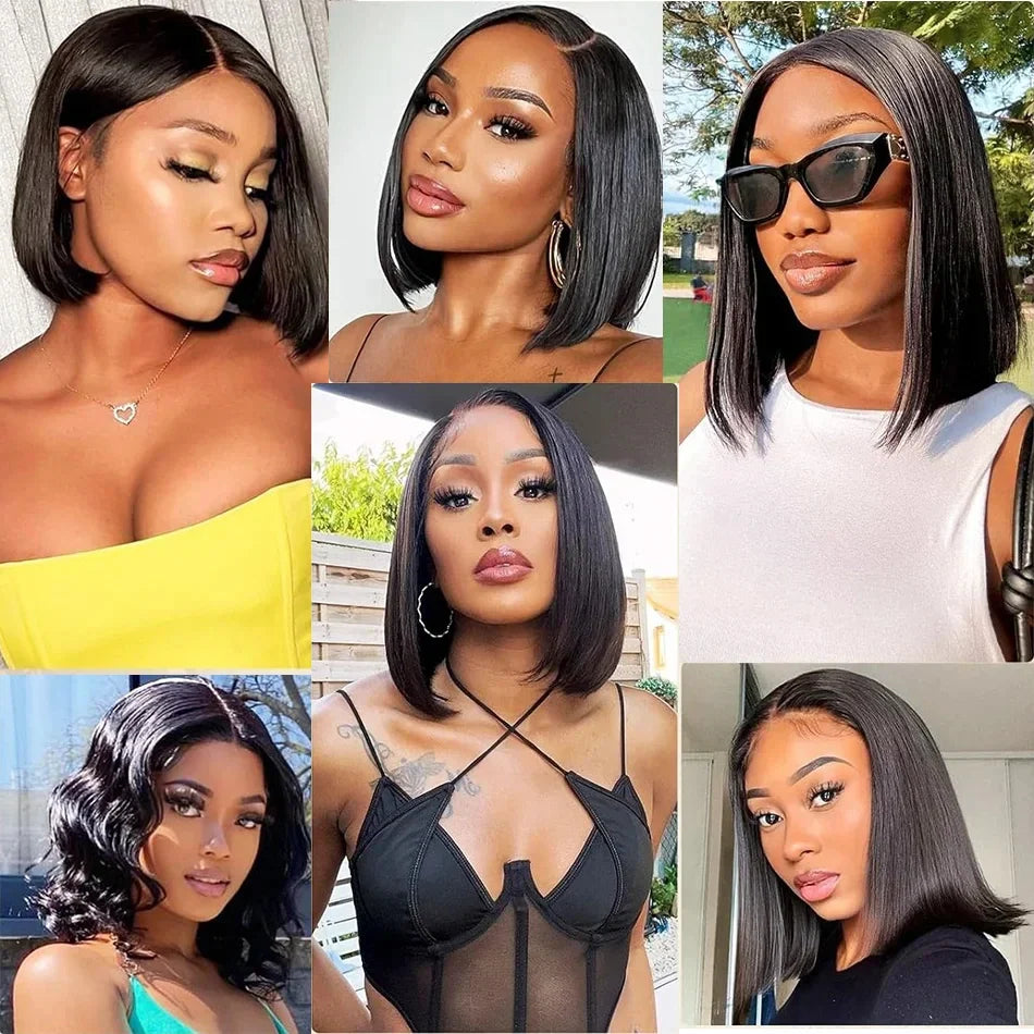 Luxury Short Bob 13X4 Lace Frontal Wig featuring 200% density Brazilian Remy human hair, styled straight for an elegant look.