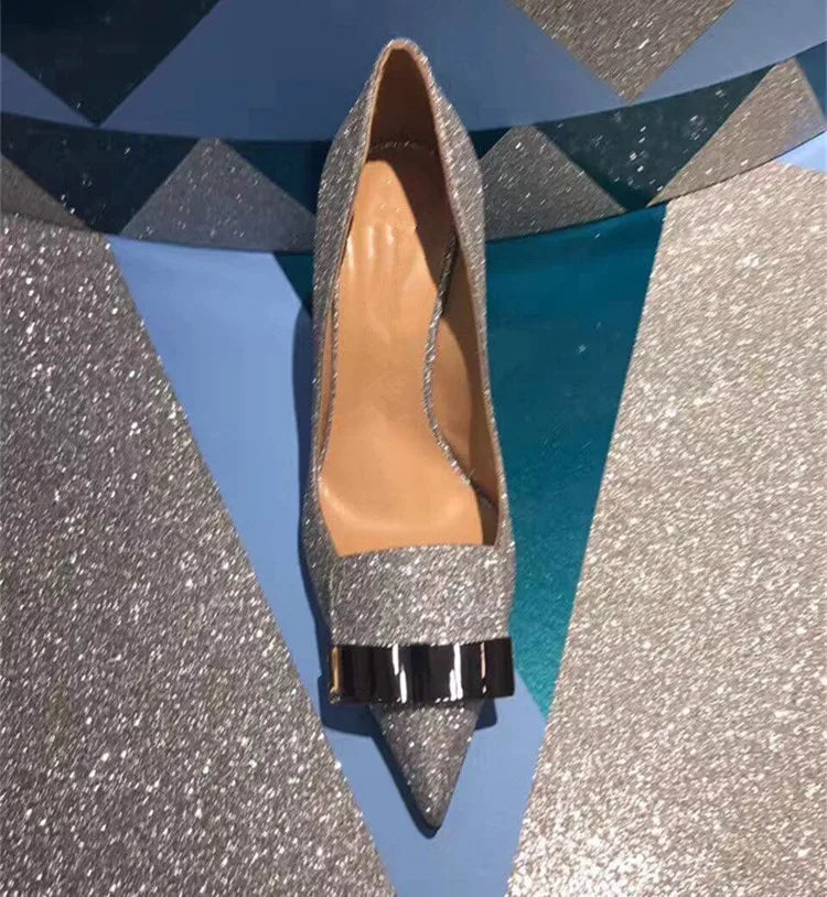 Elegant luxury women's glitter high heels pumps with metal plate, perfect for weddings and special occasions.