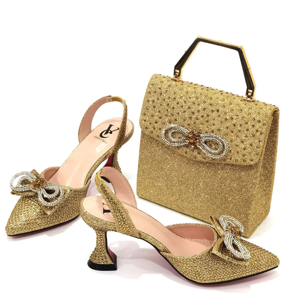 Chic handbag that accompanies luxury rhinestone bow party shoes, crafted for women who appreciate sophisticated fashion and style.