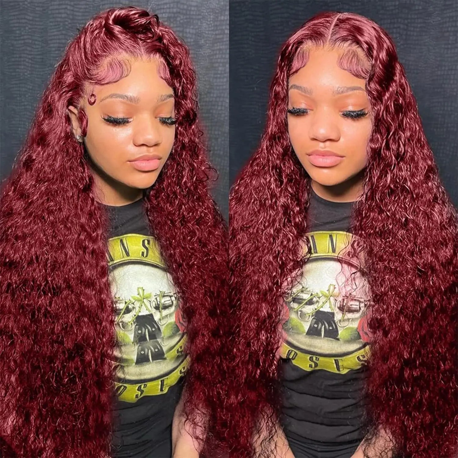 Luxurious 99J Burgundy 26-inch curly wig with a pre-plucked hairline; designed for a natural look and made from Remy human hair.