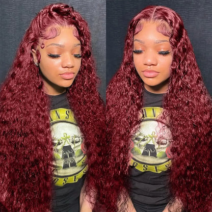 Luxurious 99J Burgundy 26-inch curly wig with a pre-plucked hairline; designed for a natural look and made from Remy human hair.