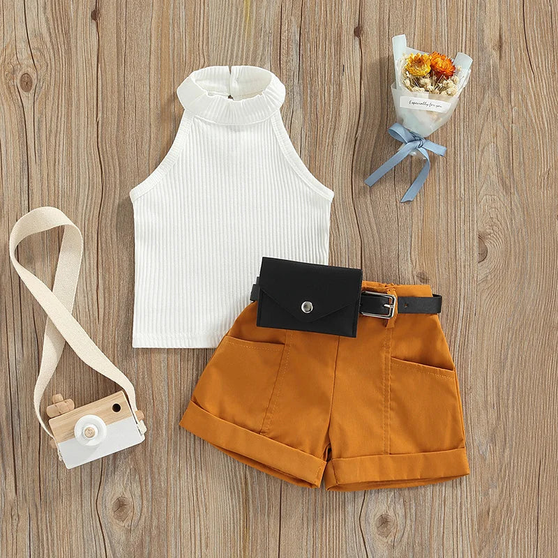 Elegant summer clothing set for girls, showcasing a soft cotton blend halter top, tailored shorts, and a trendy waist bag, ideal for fashionable toddlers.