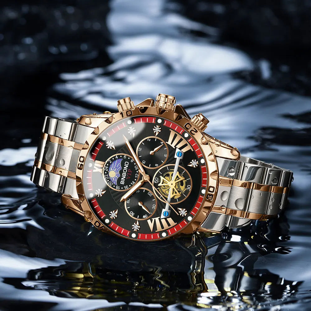 Luxury stainless steel quartz watch featuring a sleek chronograph, elegant moon phase display, and robust waterproof design, perfect for sophisticated men.