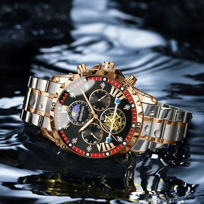 Luxury stainless steel quartz watch featuring a sleek chronograph, elegant moon phase display, and robust waterproof design, perfect for sophisticated men.