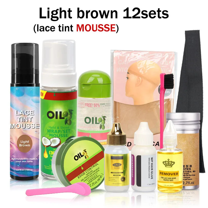 Luxury Complete Wig Installation Kit including 12 essential pieces such as strong adhesives, hair mousse, and styling tools for flawless hair styling.