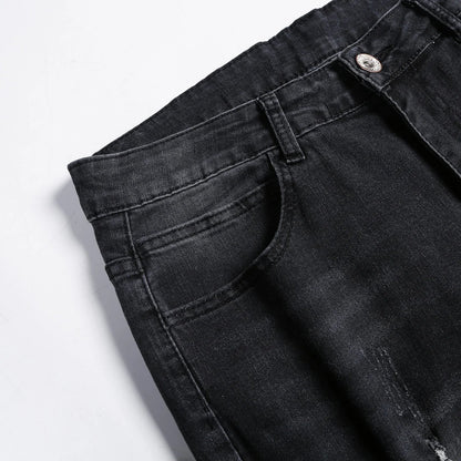 Luxury Men's Ripped Skinny Jeans featuring vintage stonewashed denim for a stylish, modern look; perfect for casual attire.
