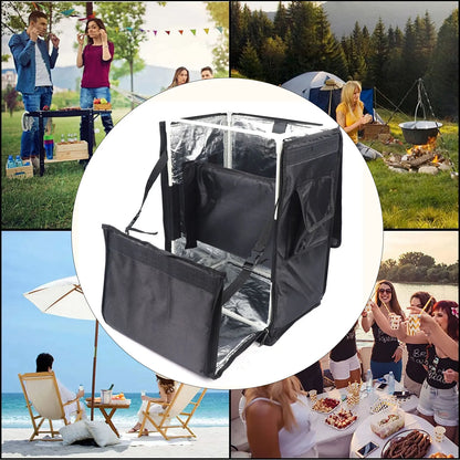 Elegant 42L waterproof Oxford cloth pizza delivery backpack showcasing its spacious interior and foldable design, perfect for upscale picnics and storage solutions.