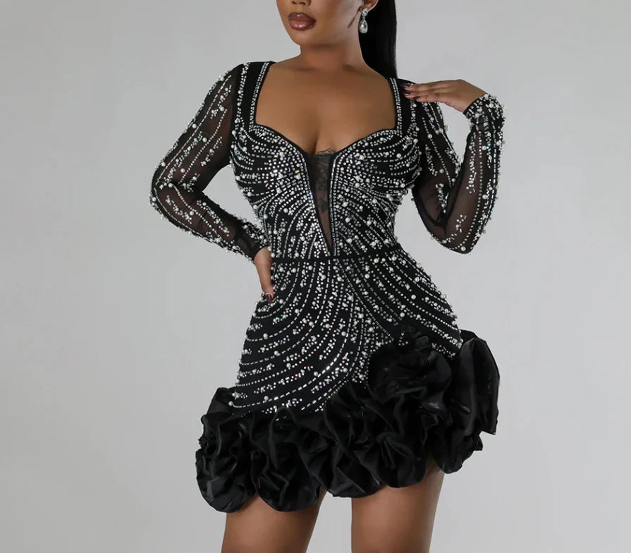 Elegant women's sexy dress featuring intricate rhinestone beading and delicate appliques, tailored for an above-knee silhouette, perfect for luxurious clubwear.