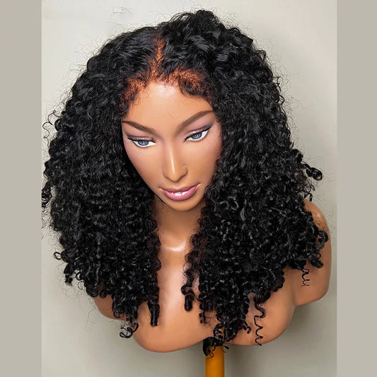 Luxury 26-inch kinky curly lace front wig for women, featuring soft natural black color and 180 density with preplucked baby hair, ideal for a glamorous daily look.
