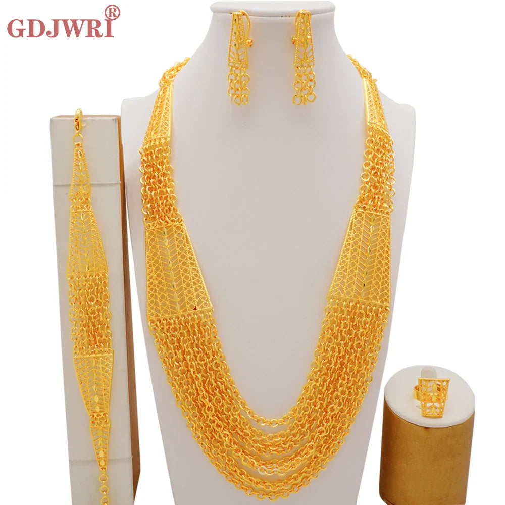 Luxury Dubai gold colour necklace set for women featuring elegant African design, paired with matching earrings, bracelet, and ring.