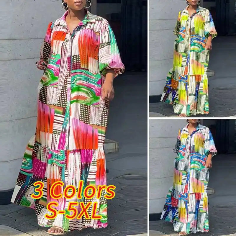 VONDA Plus Size Maxi Dress displayed elegantly on a mannequin, highlighting the flowing design and seasonal versatility.