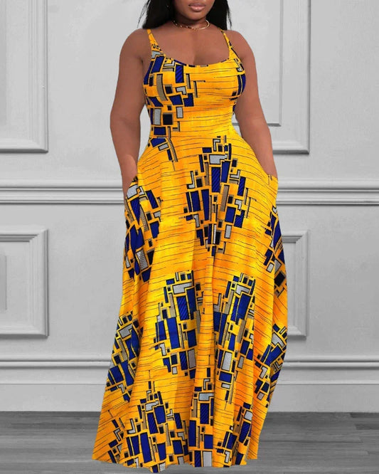 Stylish plus size women's floor-length maxi dress, adorned with a vibrant yellow geometric pattern, designed with a loose fit and tierred detail, ideal for a chic summer look.