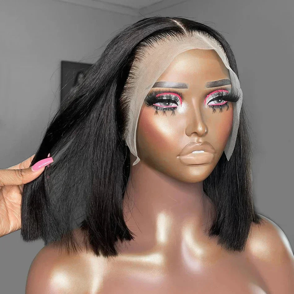 16-inch Vietnamese super double drawn bone straight 13x4 frontal bob wig, crafted from luxurious natural black human hair with 210% density, ideal for black women seeking elegance.