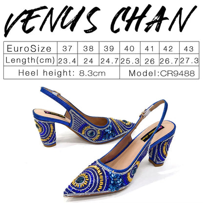 Close-up of stylish slingback pumps with spike heels, showcasing intricate crystal detailing, designed for the modern woman seeking fashion and comfort.