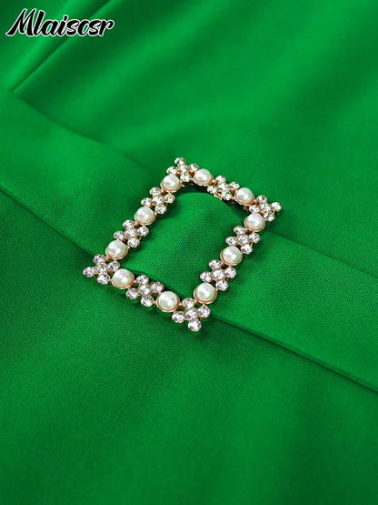 Back view of the Mlaiscsr Green Elegant Office Lady Dress, capturing the stylish empire waistline and graceful flow of the fabric, ideal for refined autumn and winter events.