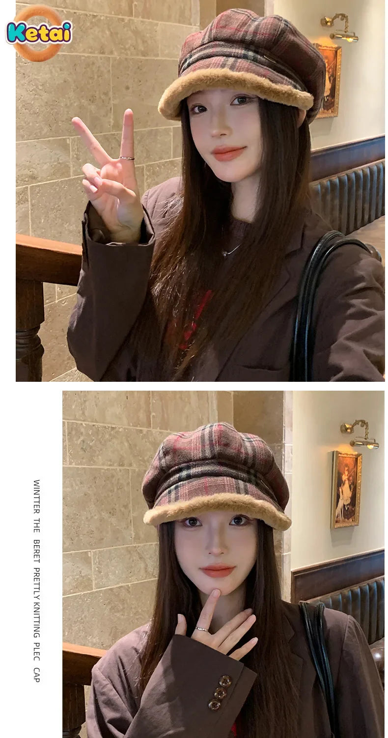 Elegant women's plaid octagonal hat made from soft polyester, ideal for stylish outdoor activities.