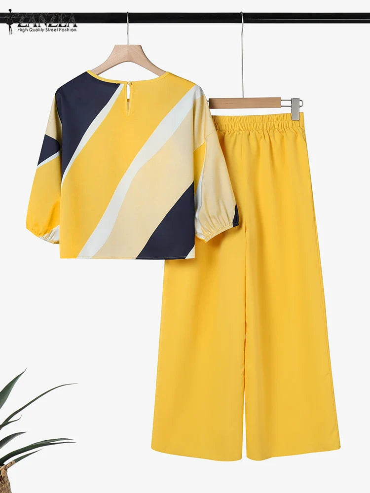 Close-up of ZANZEA summer pant set highlighting the intricate geometric print and refined details of the blouse and trousers.